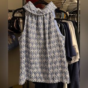 Sail to Sable Blue Tweed Sleeveless Blouse with Buttoned Back